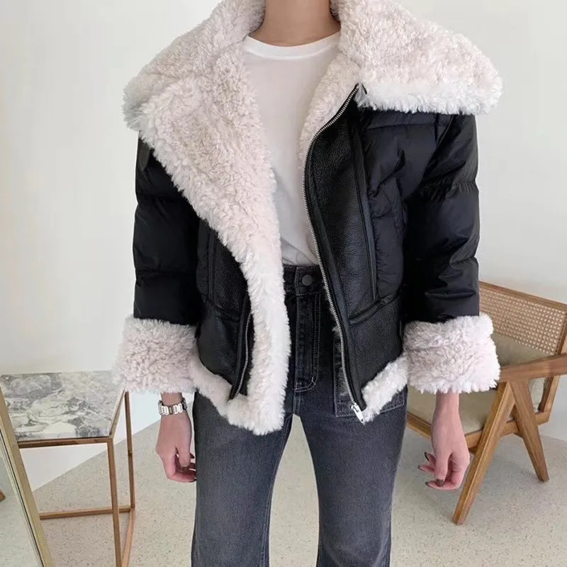 

High Quality Fur Women Stilysh Hit Color Thick Frosted Leather Jacket Winter Warm Sheep Wool Coat Streetwear Locomotive Jackets