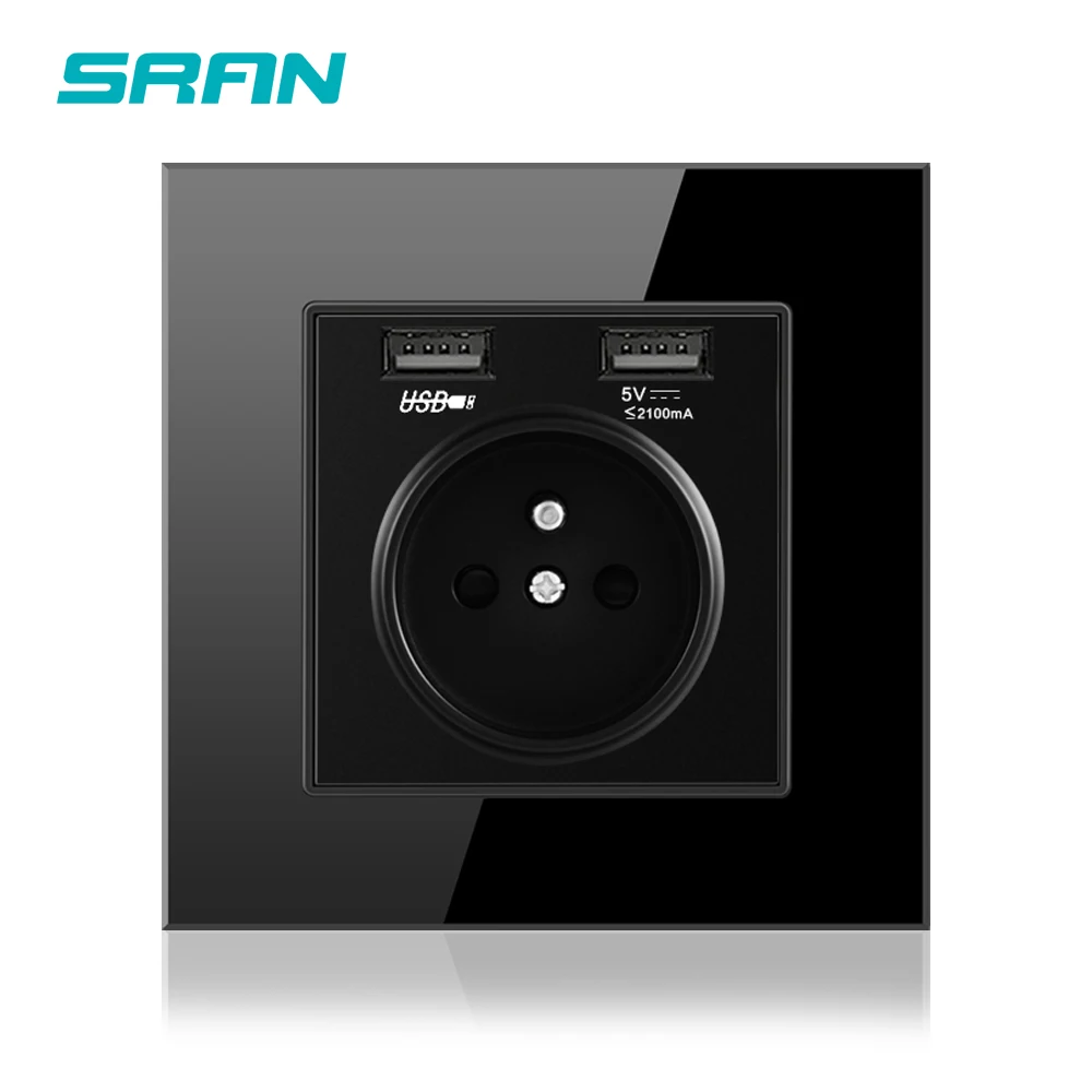 Black A6FR SRAN Новинка 16А французский стандарт настенная розетка белая кристальная стеклянная панель розетка 2.1A двойной usb-порт для зарядки для мобильного - Тип: Black A6FR