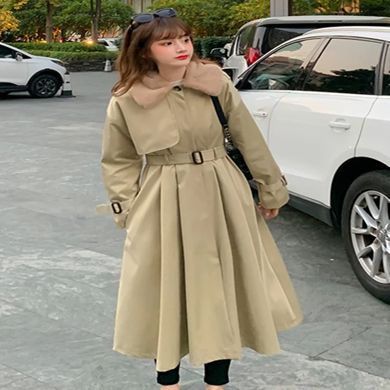 

2020 Women's Trench Coat Autumn Winter New Korean Version Temperament Design Sense Lapel Waist Show Thin Long Women Clip Cotton