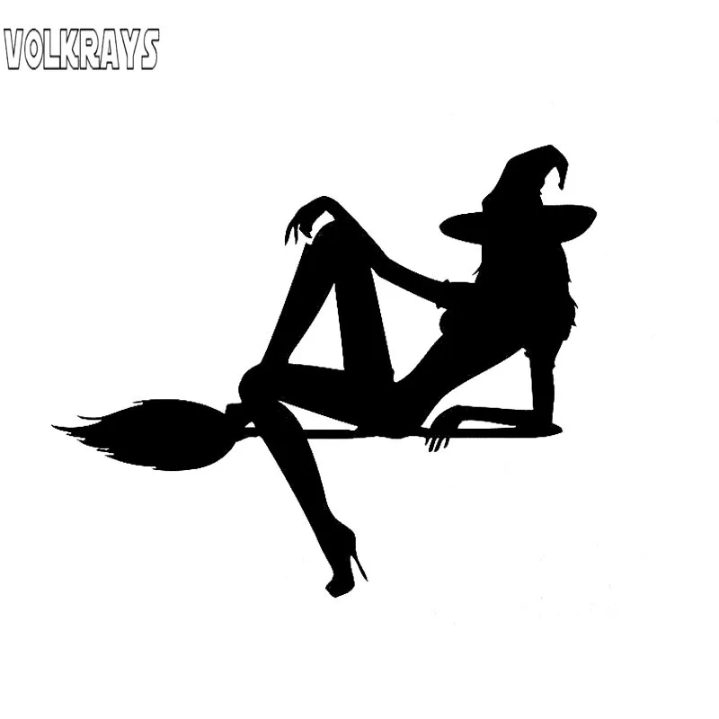 Volkrays Personality Car Sticker Hot Sexy Female Beauty Halloween Witch Broom Accessories Vinyl Decal Black/Silver,12cm*15cm