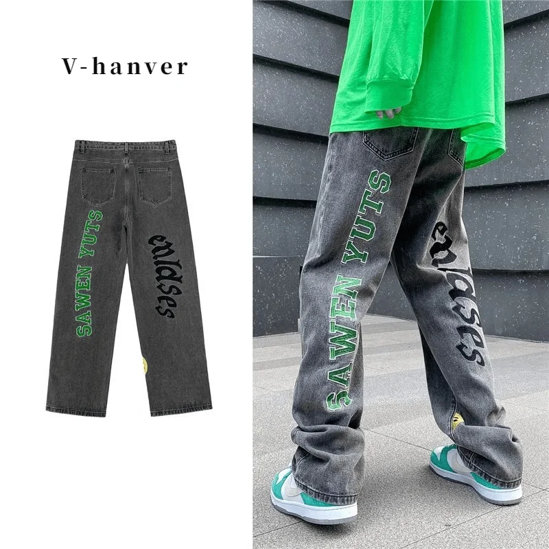 V-hanver New Hip Hop Letter Printing Jeans For Men High Street Blue Black Jeans Homme Loose Straight Hearts Pants Moto Trouse