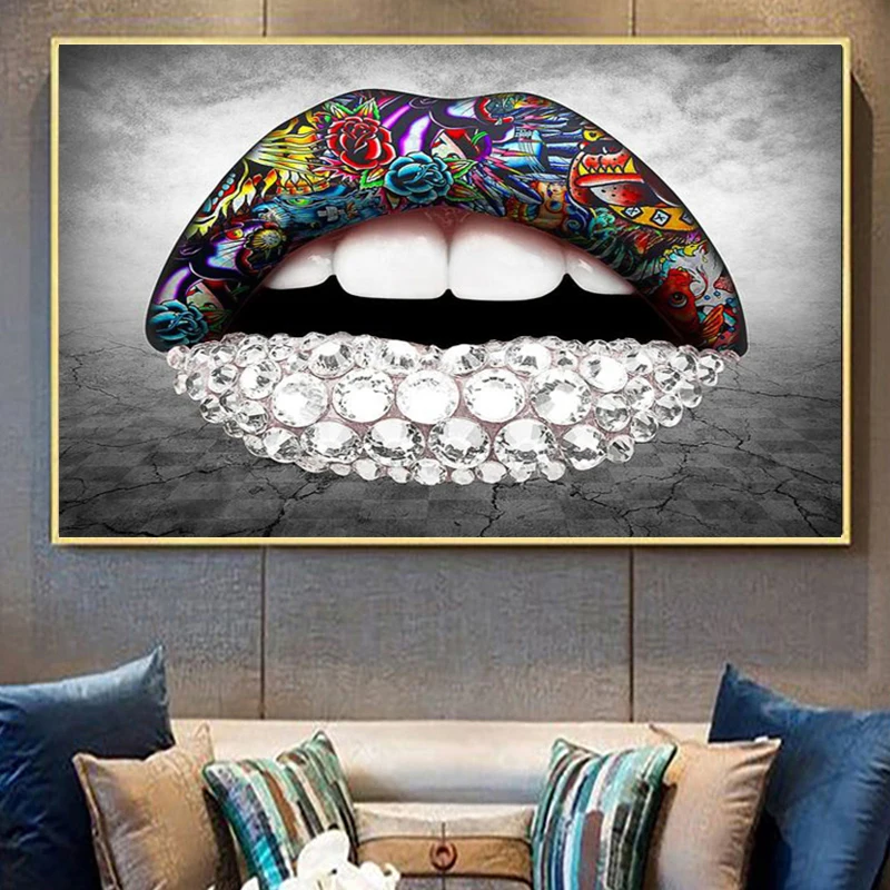 

Graffiti Art Fashion Sexy Lips Lipstick on Lip Oil Canvas Painting Posters and Prints Wall Art Picture for Living Room No Frame