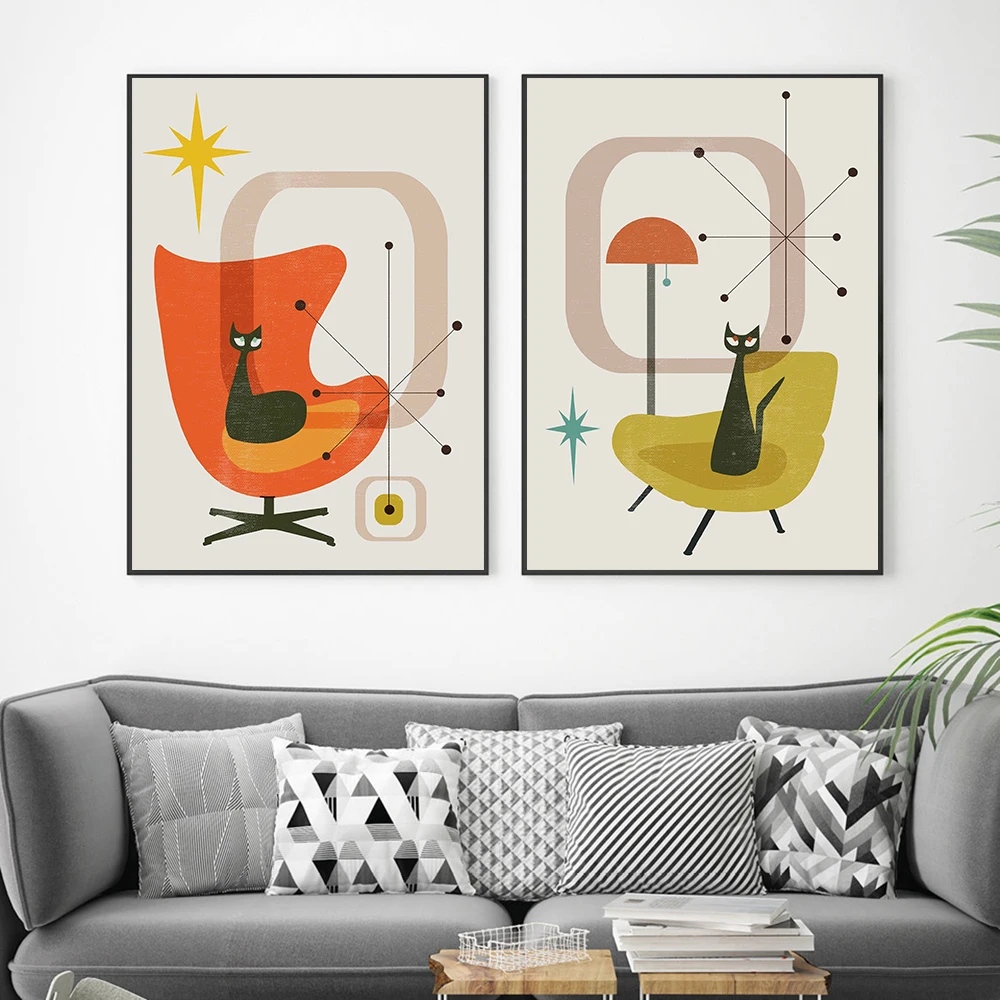 

Wall Art Canvas Painting Black Cats Posters And Prints Mid Century Retro Sputnik Atomic Wall Pictures For Living Room Home Decor