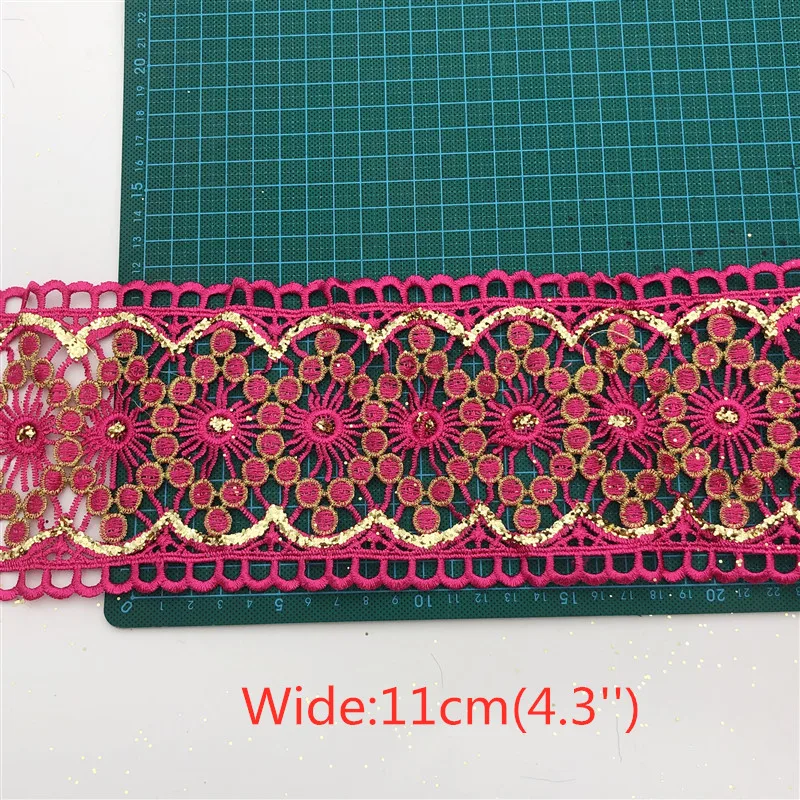 10 ярдов винтажная Золотая желтая и ярко-розовая вышитая кружевная ткань с