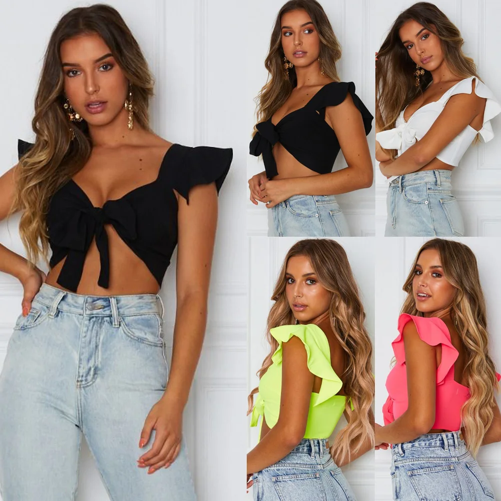 

Women Short Sleeves Top Sexy Front Bowknot Tie Tank Tops Ladies' Soild Color Casual Ruffles Strpypy Short Vest Base Underwear