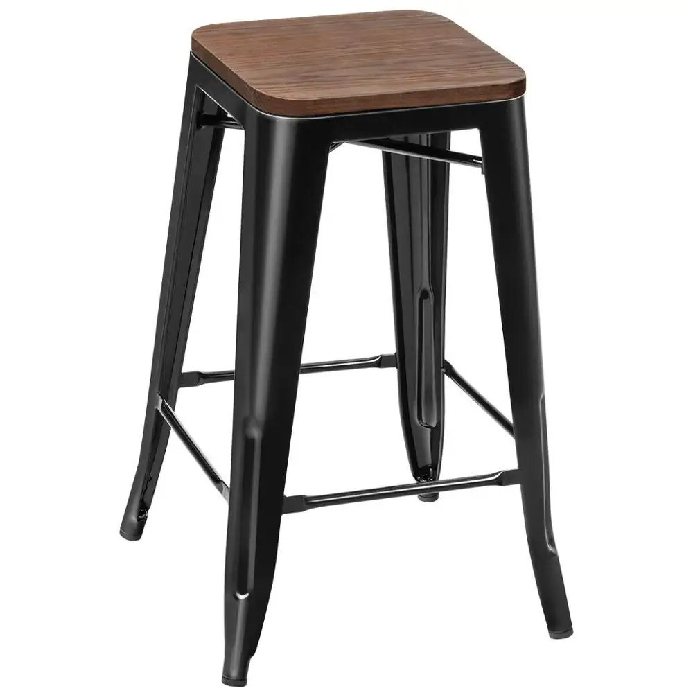 

Set of 4 Counter Height Backless Barstool 26'' Metal Stackable Stool w/Wood Seat HW66692BK-4
