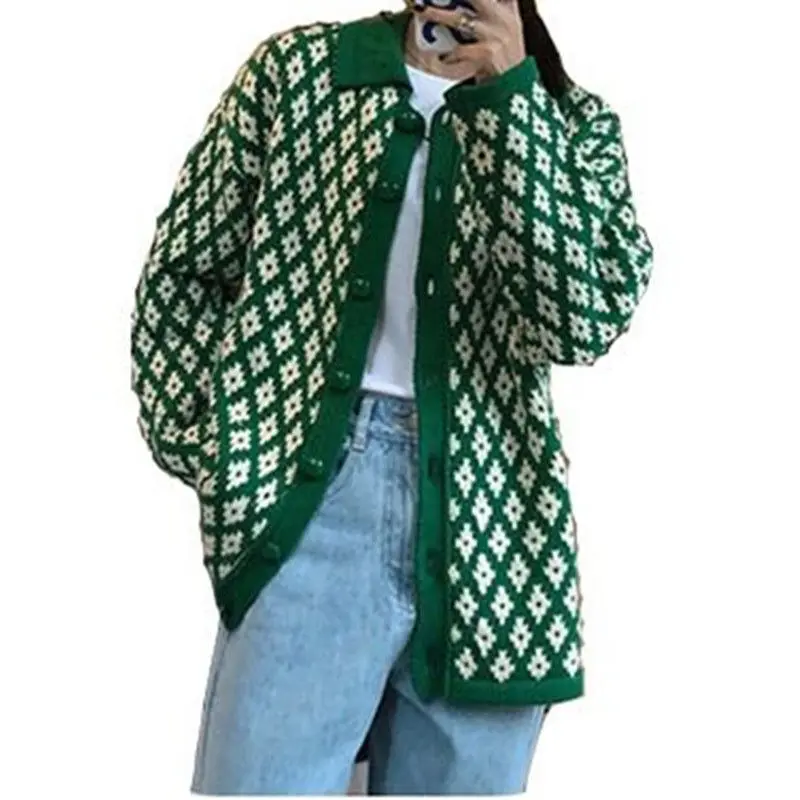 

Autumn New Products/Japanese Vintage Cardigan Cardigan Knitted Plaid Mesh Top Women's Lazy Style Homemade Cardigan Sweater