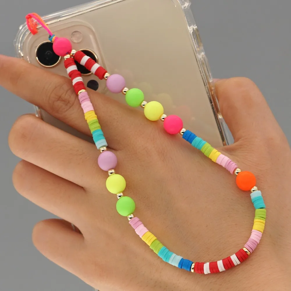 New Boho Mobile Phone Strap Lanyard Chain Love Smile Pearl Soft Pottery Beads Rope for Cell Phone Case Hanging Cord for Women