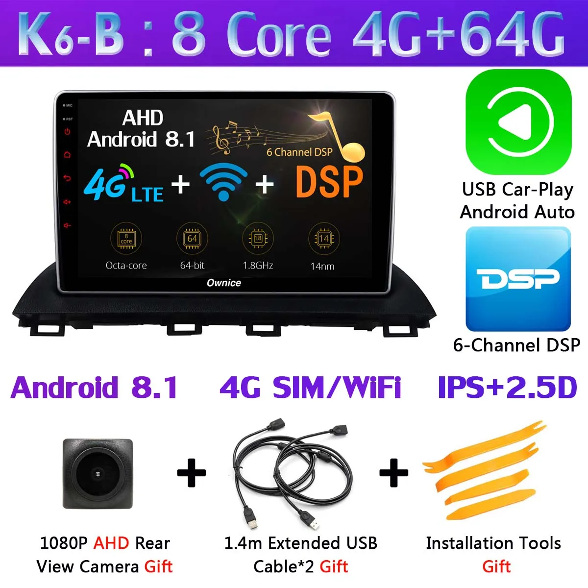 K6-B-CarPlay 10," 1 Din 360 ° панорамный автомобильный dvd-плеер на основе Android для Mazda 3 Mazda 3 Axela Автомобильный gps Радио DSP CarPlay 4G LTE - Цвет: K6-B-CarPlay