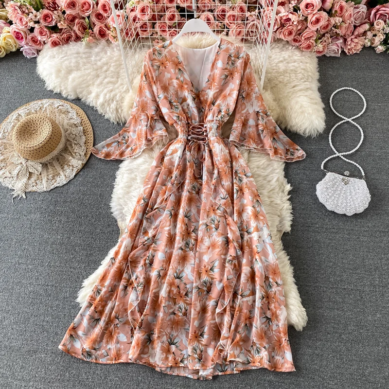 

Женское богемное платье с высокой талией, платье с V-образным вырезом и рукавами-фонариками, лето 2021