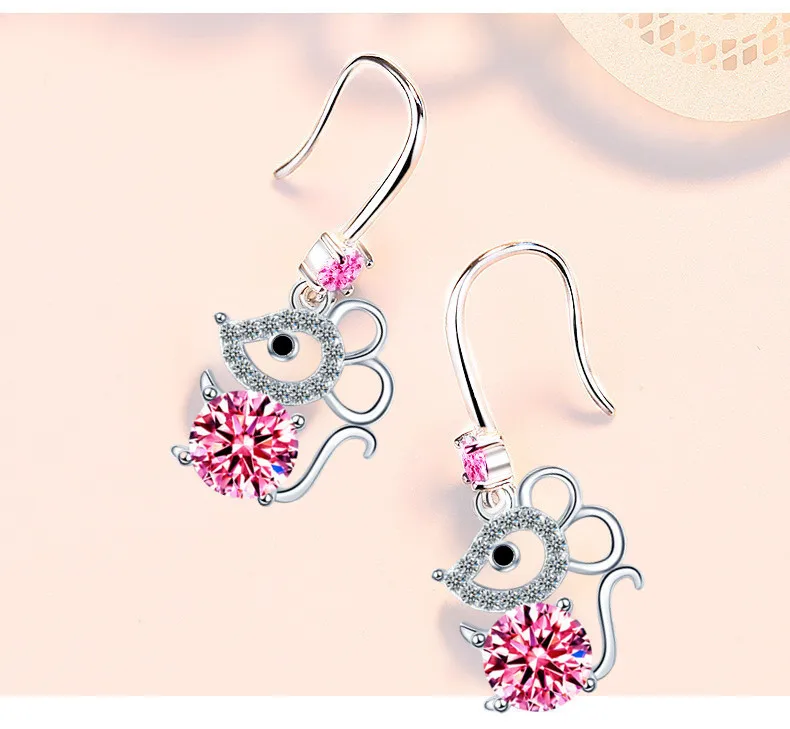 

Cute Female Pink Blue White Stone Earrings Silver Color Long Drop Wedding Earrings Vintage Small Mouse Dangle Earrings For Women
