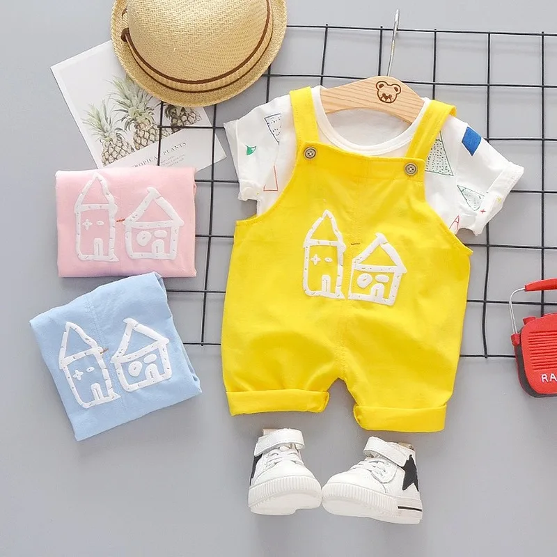 Summer Baby Girls Boys Clothes Infant Color T Shirt Kids Cartoon House Pattern Bib Pants 2pcs/sets Children Casual Sport Suits