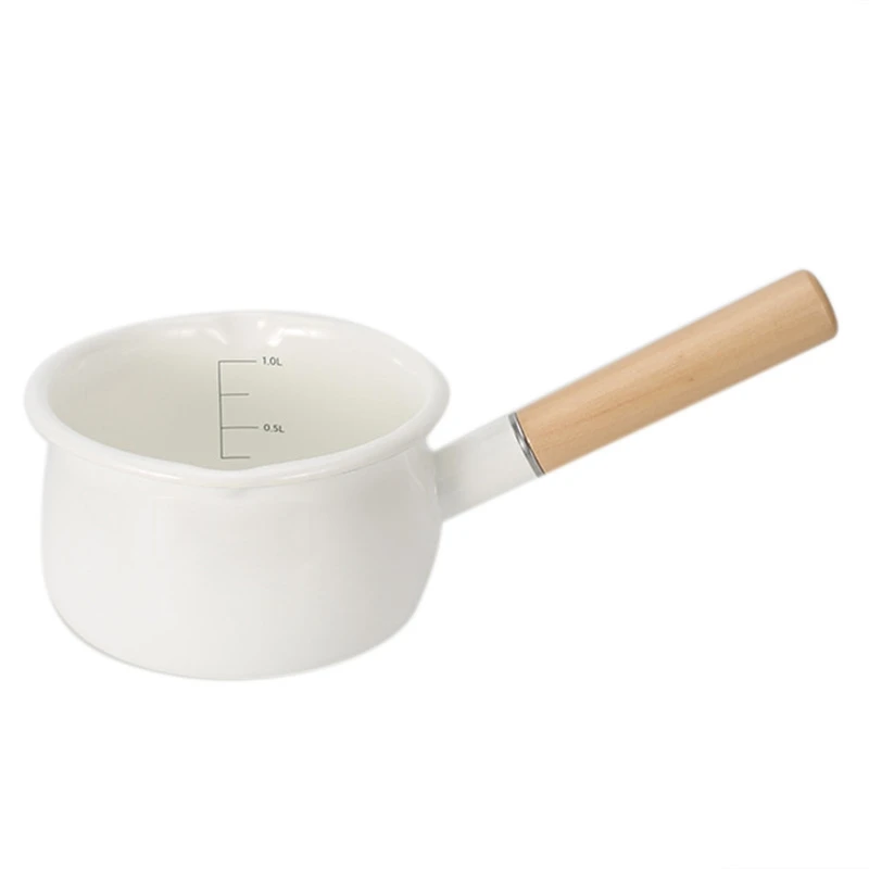 Enamel Milk Pot Wooden Handle Gas Stove Induction Cooker Baby Breakfast Milk Coffee Pot Cookware Single Handle Pan CNIM Hot