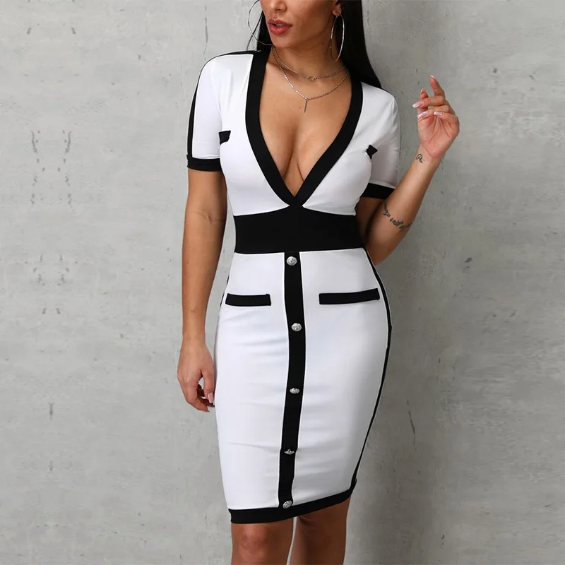 Женское облегающее платье контрастного цвета с глубоким v образным вырезом