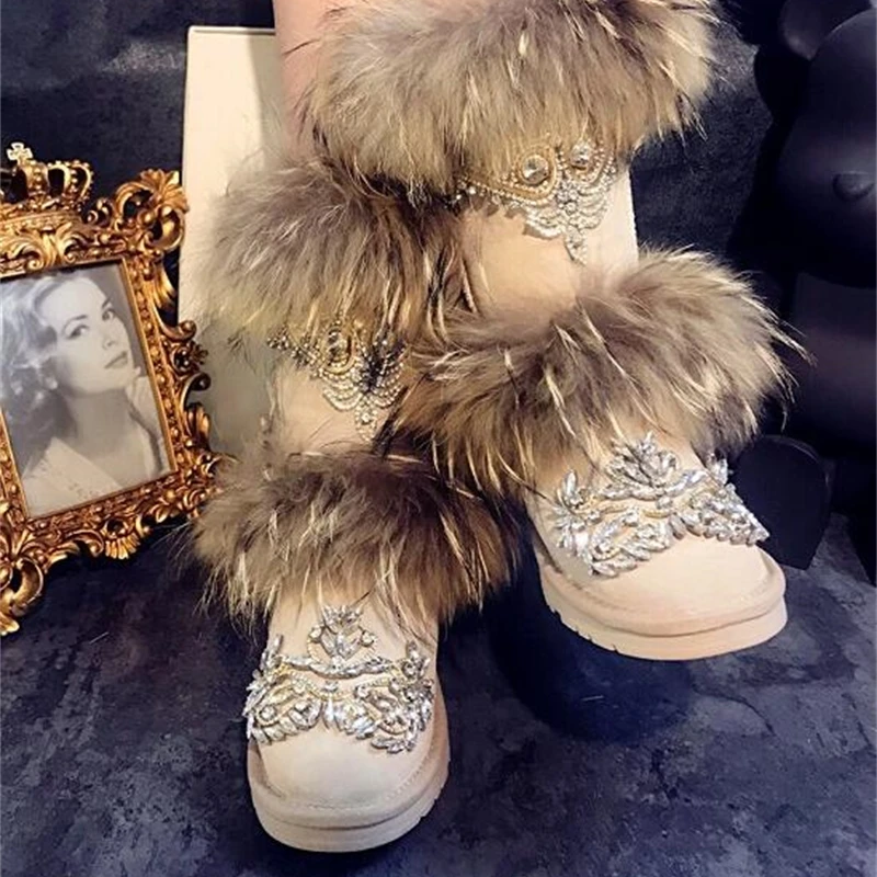 Warm home custom big fox fur crown jewel crystal handsome high tube leather European station snow boots star models | Обувь
