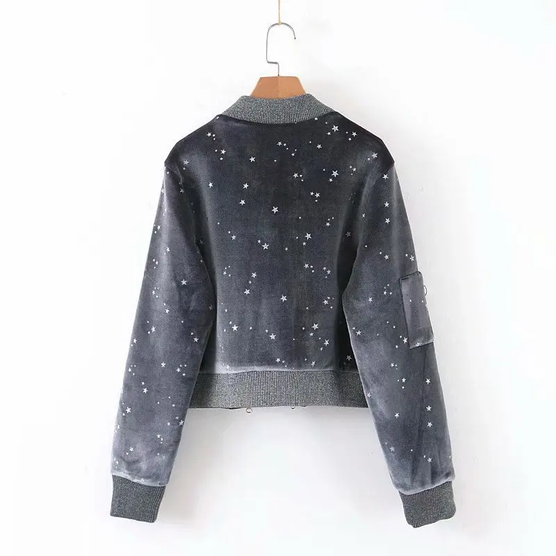 2019 осенние женские куртки Новое просторное с воротником-стойкой серое бархатное