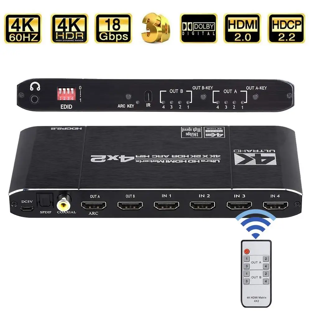 

06 18.5 Gbps Matrix 4x2 4K@60Hz HDMI-compatible Switch Splitter with SPDIF and L/R 3.5mm HDR Switch 4x2 Support HDCP 2.2 3D