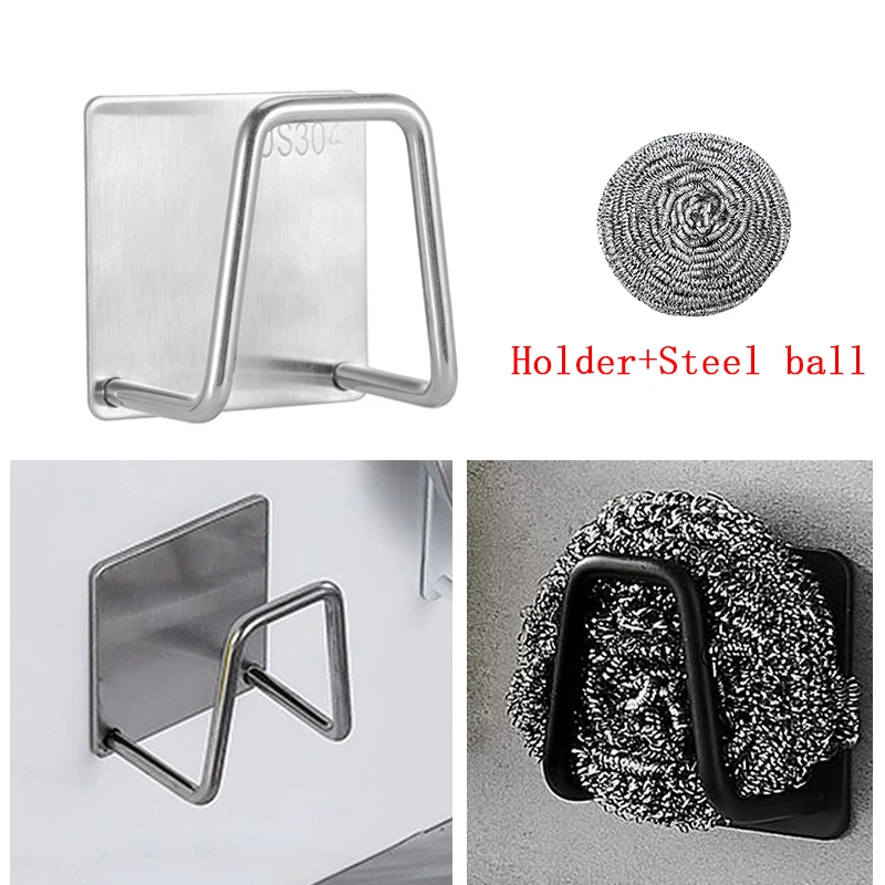 2piece set Sink Sponge Rack with Wire Ball Rag Drain Storage Shelf Stainless Steel Kitchen Wire Ball Rag Sponge Organizer Holder