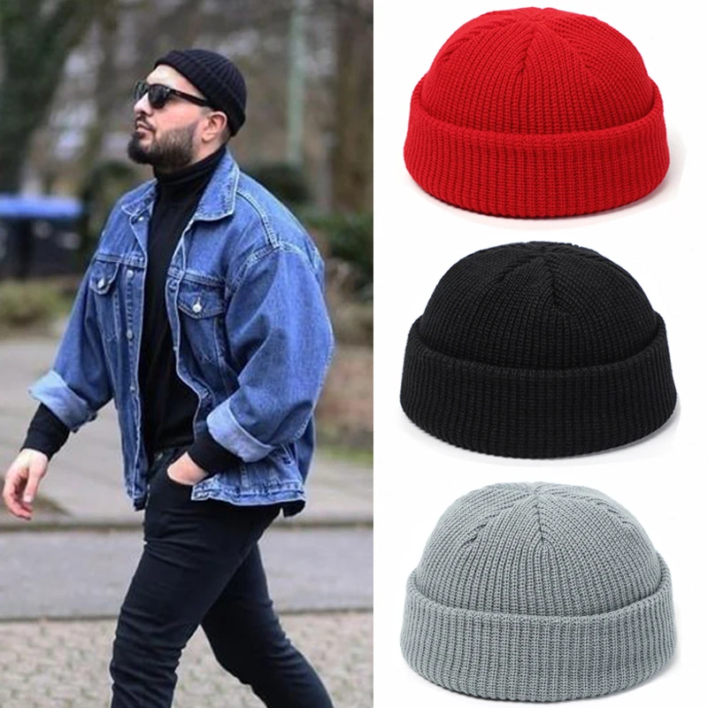 

Knitted Hats for Women Skullcap Men Beanie Hat Winter Retro Brimless Baggy Melon Cap Cuff Docker Fisherman Beanies Hats For Men