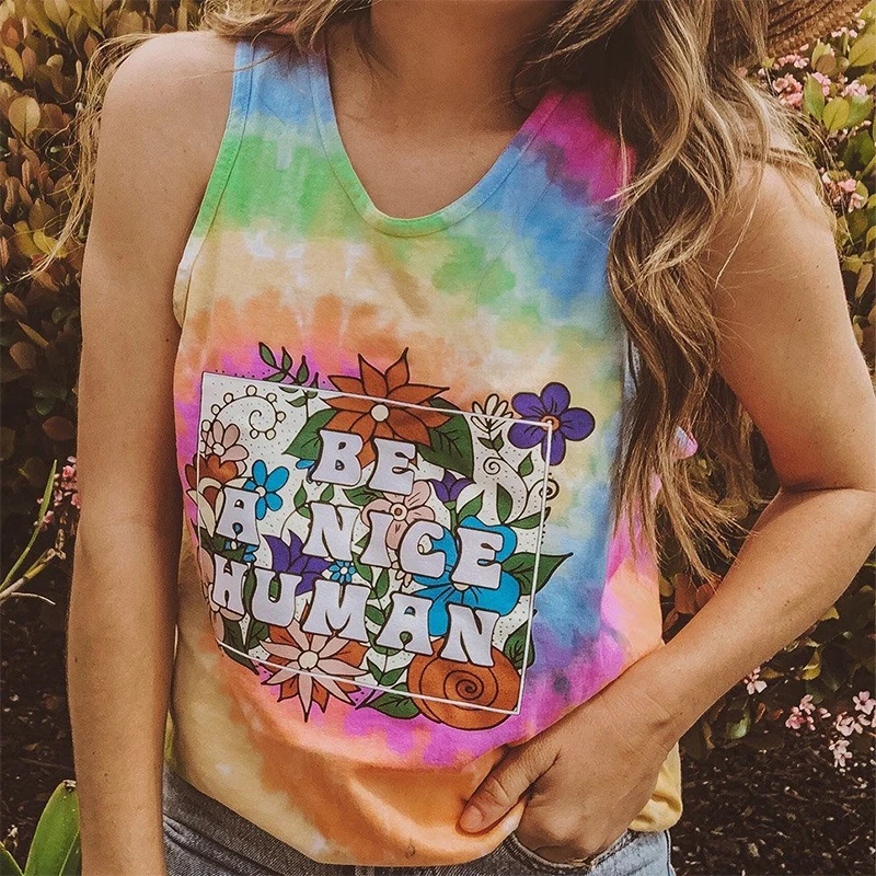 

2021 Summer Floral Letter Print Casual T-shirt Women Sleeveless Tie-dye Loose Tops