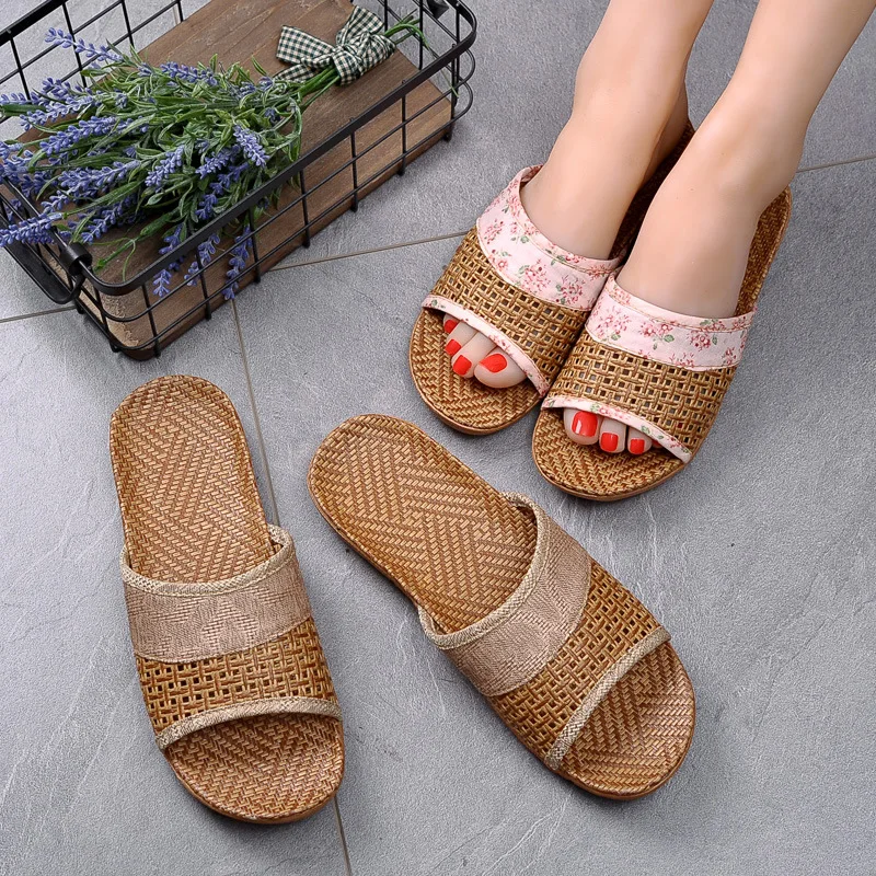 

2020 New Breathable Straw Mat Slipper Women Indoor Shoes Anti-slip Open Toe Lovers Home Floor Slides Female Linen Slippers DX423