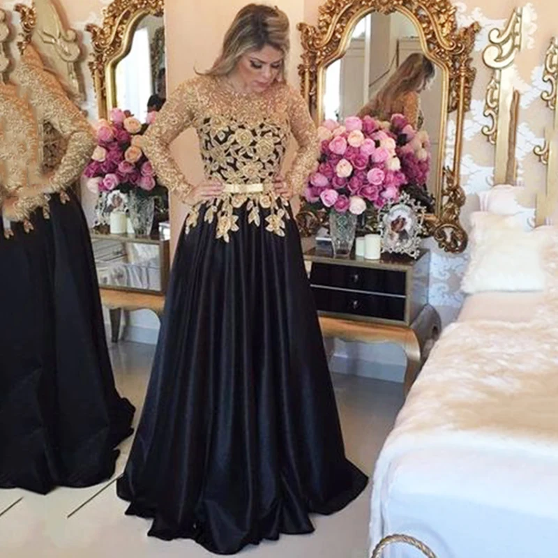 2022 New Stylish Long Sleeves Prom Dresses Gold Applique Black Evening Gown With Belt Satin Long Formal Prom Dress