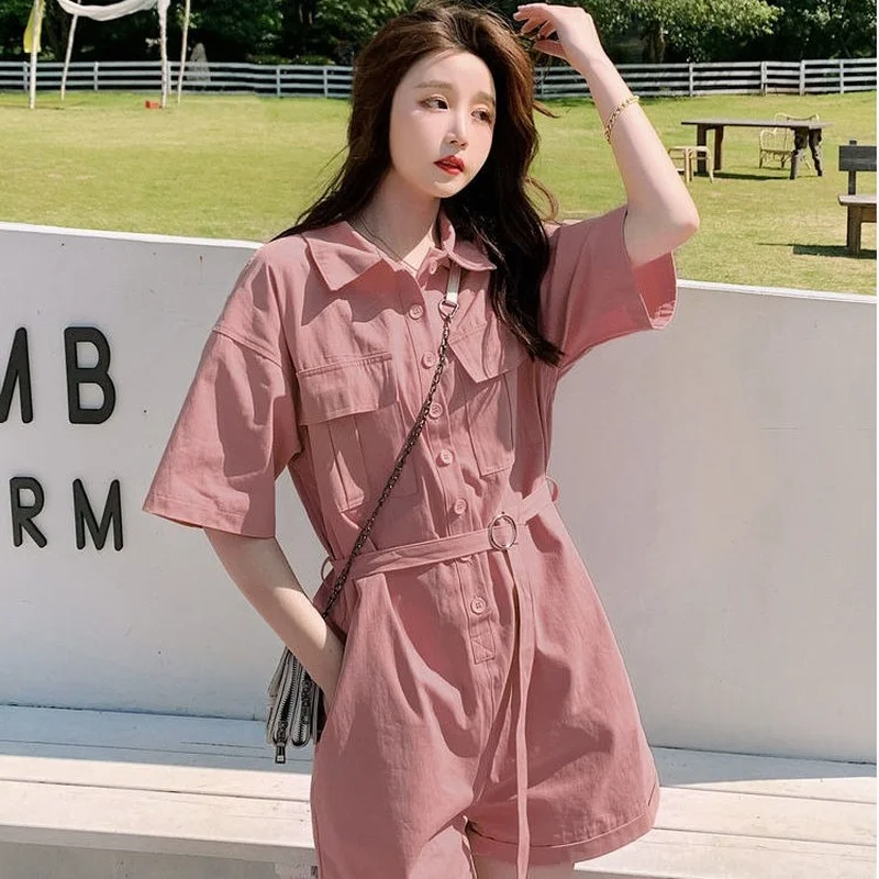 Комбинезоны женские розовые милые летние однотонные удобные брюки карго для