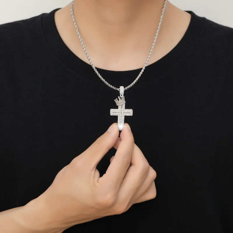 

Rhinestone Men Necklace Big Cubic Zircon Crown Cross Hip Hop Pendant Charm Chain Male Jewelry