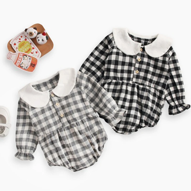 Милый комбинезон для новорожденных девочек Осенний однотонный в клетку с