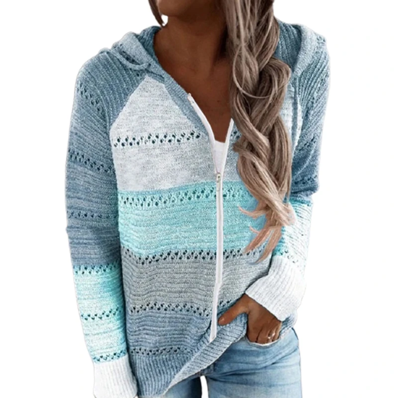 

Women Hollow Out Knit Hoodie Sweater Long Sleeve Color Block Striped Zip Jacket