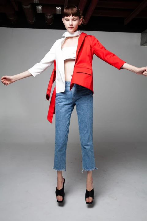 

VGH Patchwork Asymmetrical Blazers For Women Notched Three Quarter Sleeve Hit Color Green Clothes 2020 Autumn Fashion Clothing