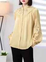 tops fashion womens blouse 2022 spring summer shirts ladies hollow out embroidery long sleeve apricot green elegant shirt blusa