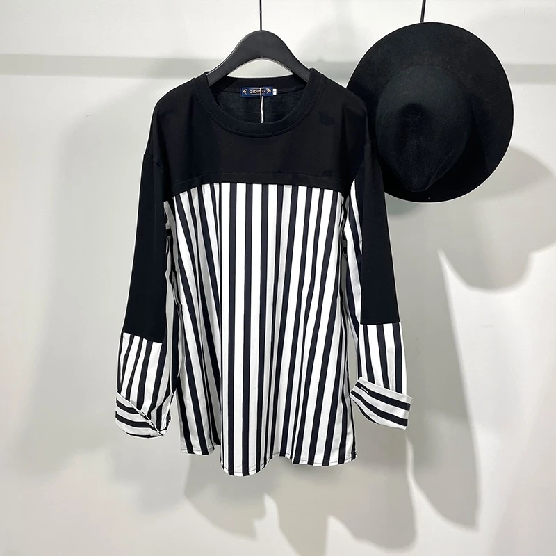 

Men's Long-Sleeve T-Shirt Spring And Autumn New Stripe Splicing Color Design Neutral Simple Fashion Loose Large Size Jacket