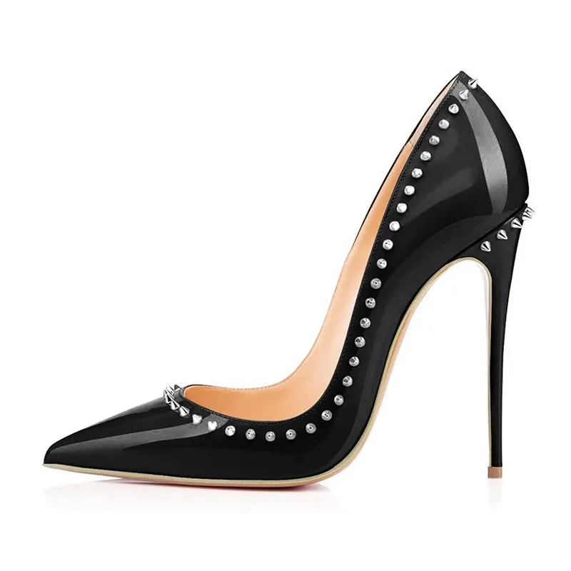 

2021 Sexy Woman Heel New Stilettos High Heels Spring Autumn Patent Leather Pointed Toe Women Rivet Ladies Pumps Shoes Big Size