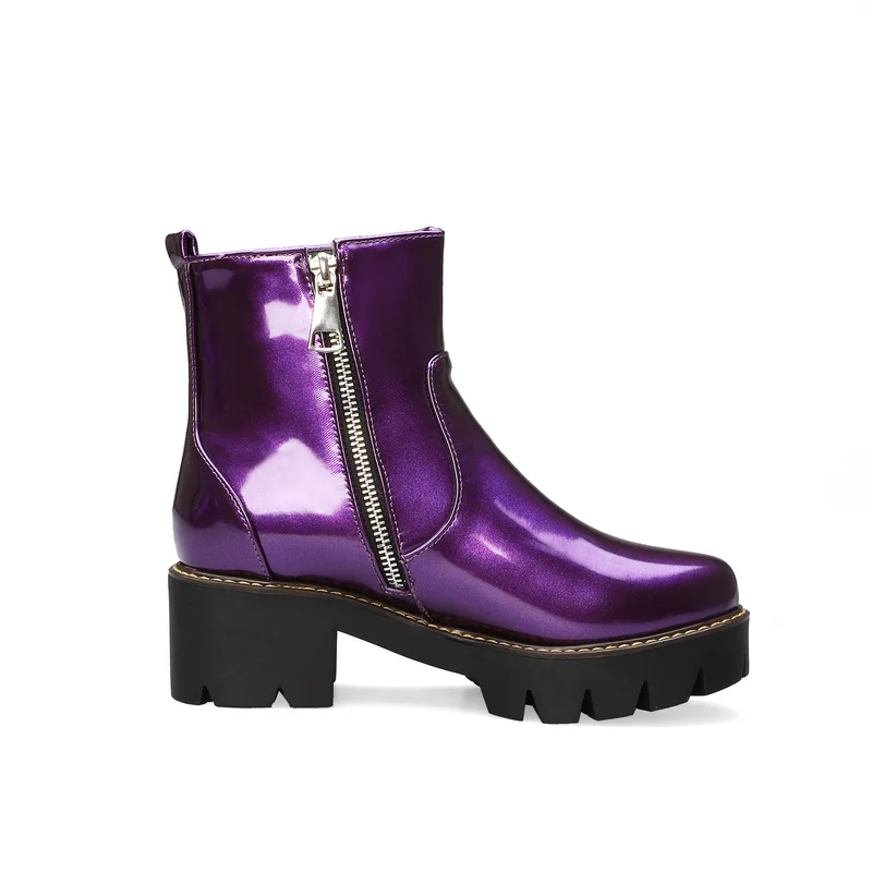 

New Arrival Fashion Women Ankle Boots Patent Leather Mid Heel non-slip Martin Boots Casual Round Toe Zipper Motorcycle Boots