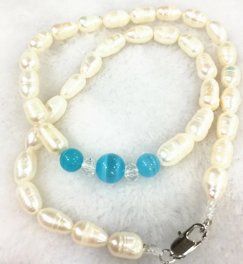 

Новая 7-8 мм акоя пресная вода рисовая жемчужина и ожерелье из голубого опала 18"