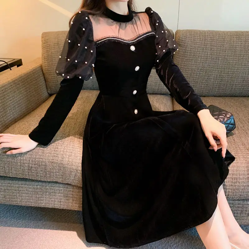 

Французское винтажное милое платье для девушек, привлекательное черное кружевное платье в стиле пэчворк, нежное элегантное дамское платье ...