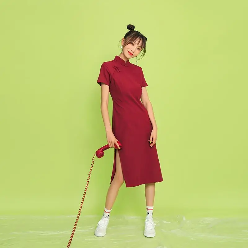 

Red Cheongsam Girl Republic Of China Style Student Short Sleeve Mid Long Split Slim Waist Dress Solid Summer Color Midi Dresses