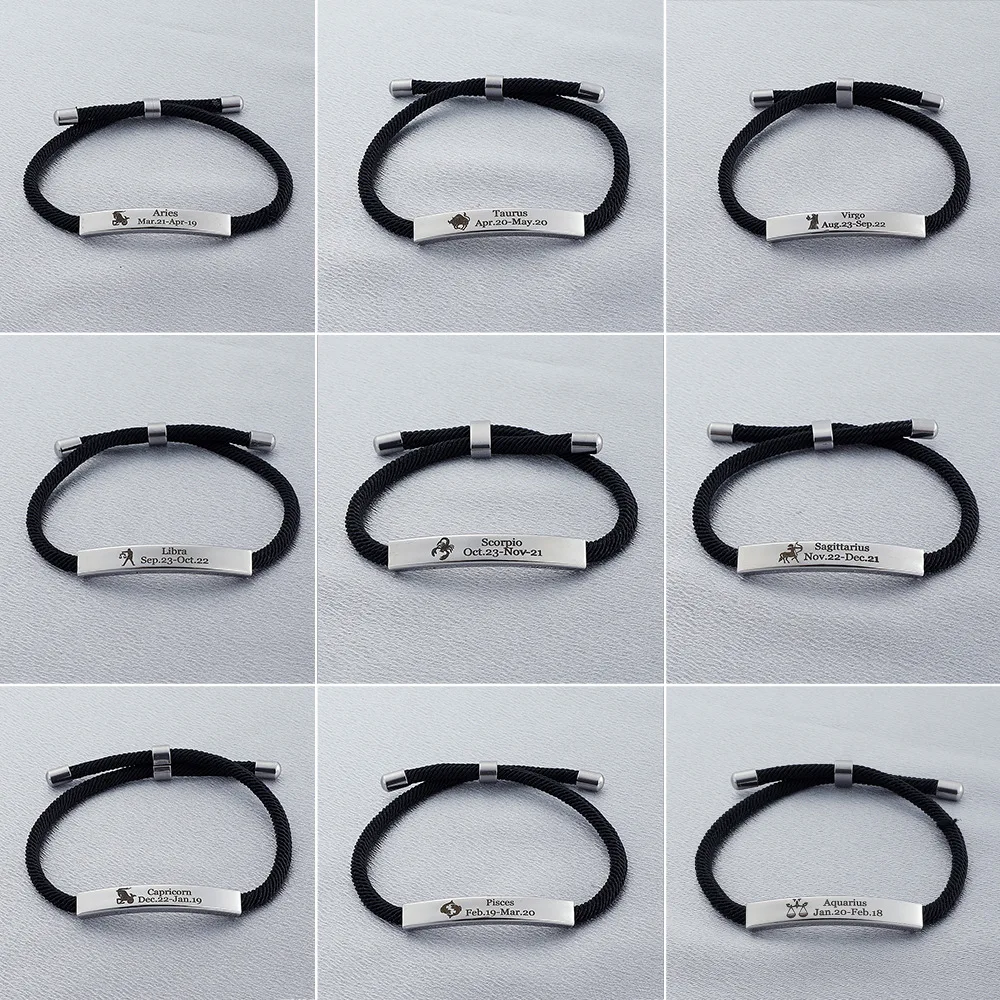 

Kymyad Black Rope Bracelets for Women Bijoux Femme Silver Color 12 Constellation Bracelet Punk Style Adjustable Men's Bracelets