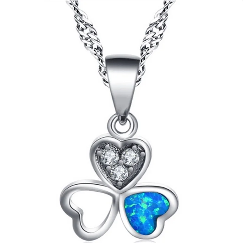 

Fashion Silver Blue Simulated Opal Clover Pendant Necklace Engagement Jewelry