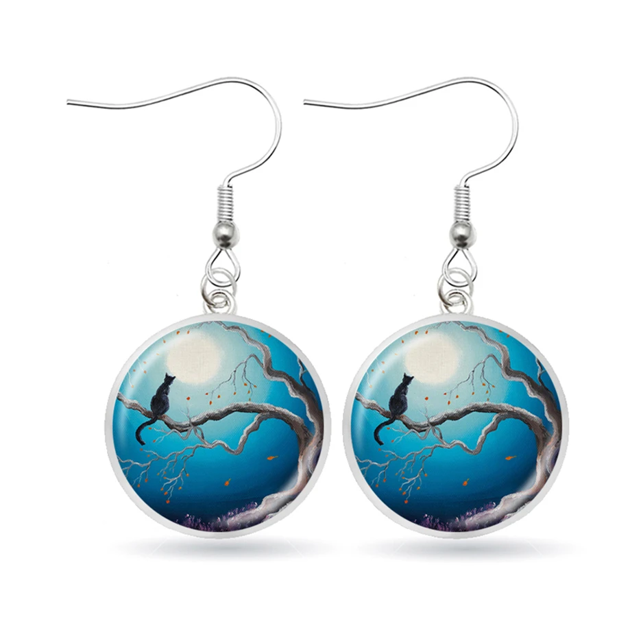 Полные серьги-висюльки с Луной черной кошечкой на дереве астрономические