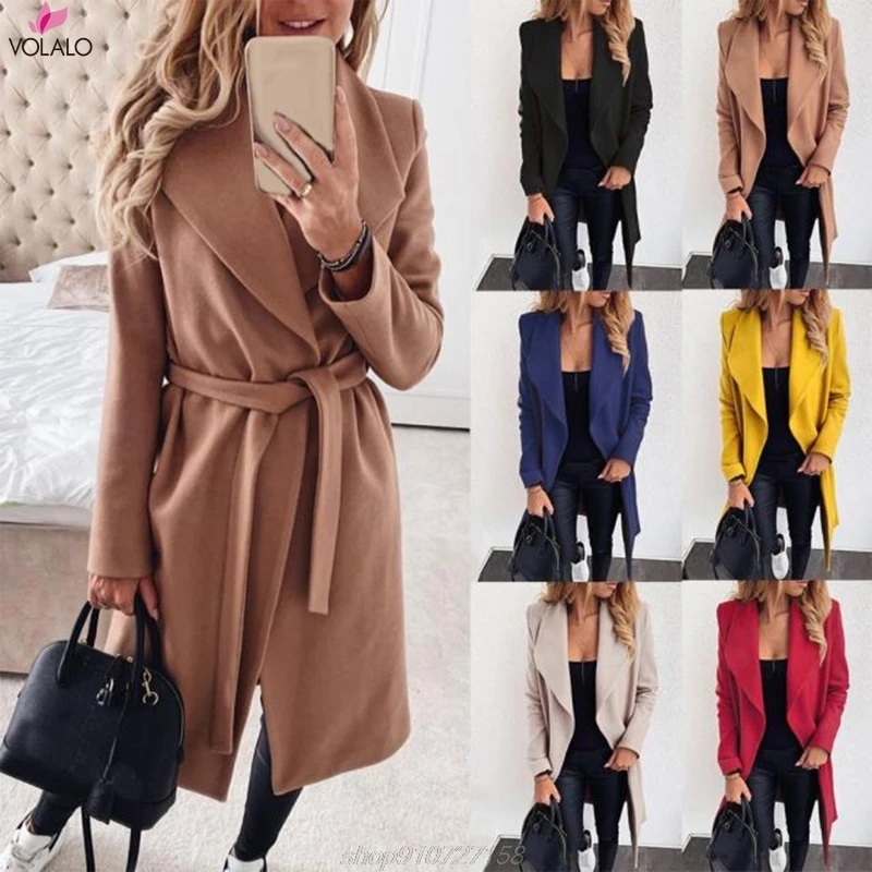 

Women Fall Winter Long Coat Lapel Collar Casual Jacket Long Sleeve Belt Open Front Overcoat Outerwear M06 21 Dropshipping