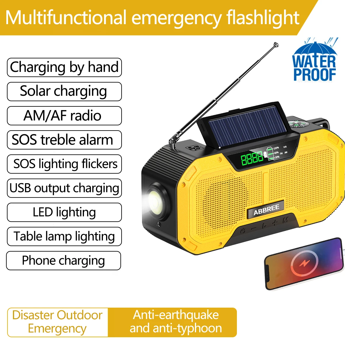 

ABBREE FM/AM/NOAA Multifunction Emergency Radio Portable High Waterproof Hand Crank Solar Support USB Cell Phone Charger SOS