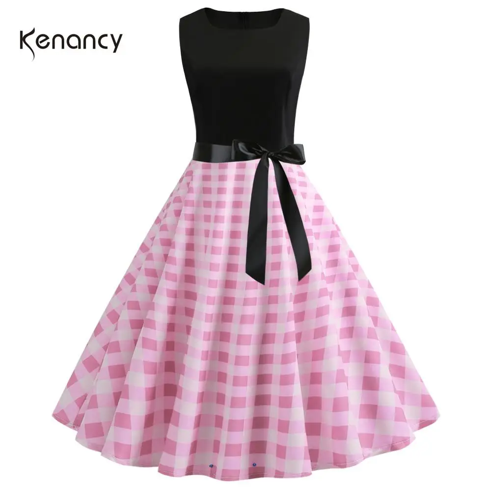 5 видов цветов S ~ 2XL Kenancy клетчатое женское ретро платье 60s рокабилли свободное