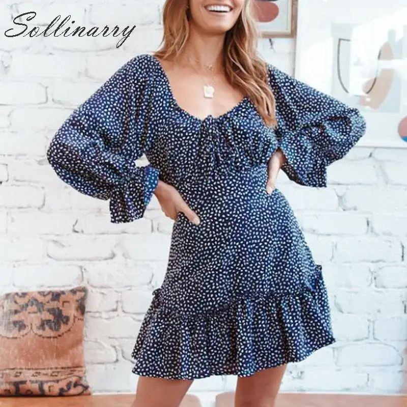 Sollinarry Print Vintage Short Dress Women Off Shoulder Autumn Sexy Female Long Sleeves Winter Ruffles Elegant Dresses | Женская одежда