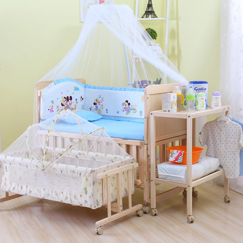 6 in 1 Baby Bed Set, Infant Crib Cradle & Move Shelf, Height Can Adjust Cot With Wheels