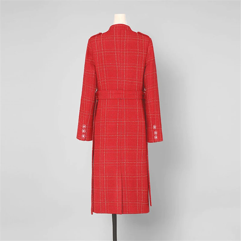 Высококачественное зимнее пальто для подиума, женское дизайнерское пальто, длинные твидовые шерстяные куртки и пальто, на шнуровке, в клетку, теплое пальто, верхняя одежда