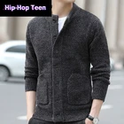 Мужской однобортный Кардиган, черный однотонный приталенный вязаный свитер, свободные однотонные теплые вязаные кофты на осень и зиму