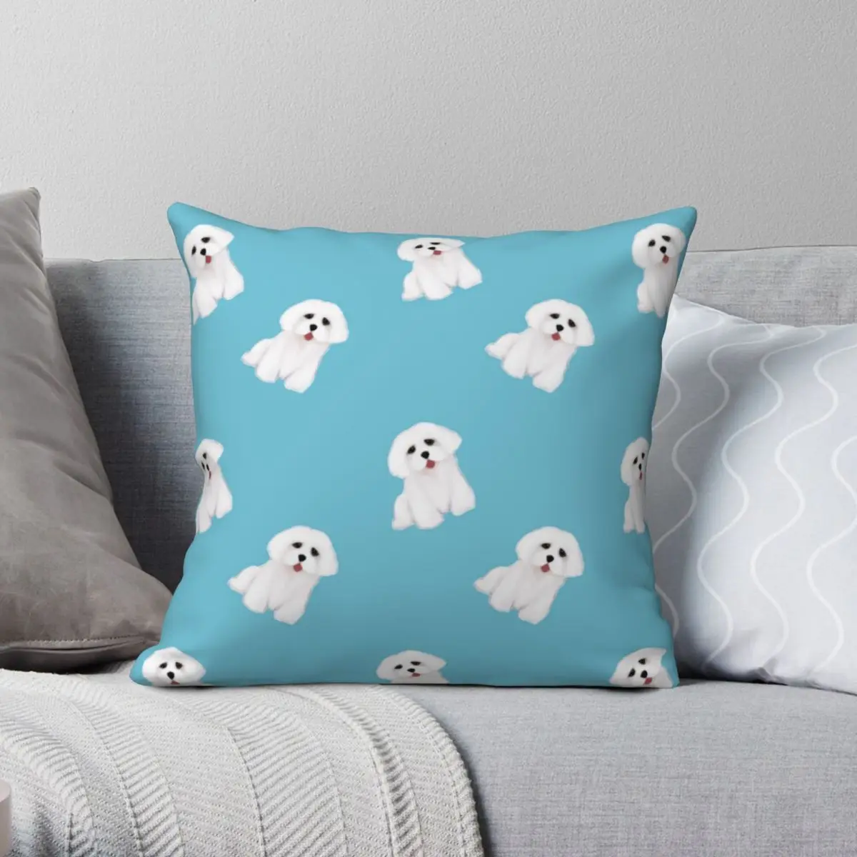 

Квадратная наволочка с изображением пушистых белых собак из полиэстера и льна