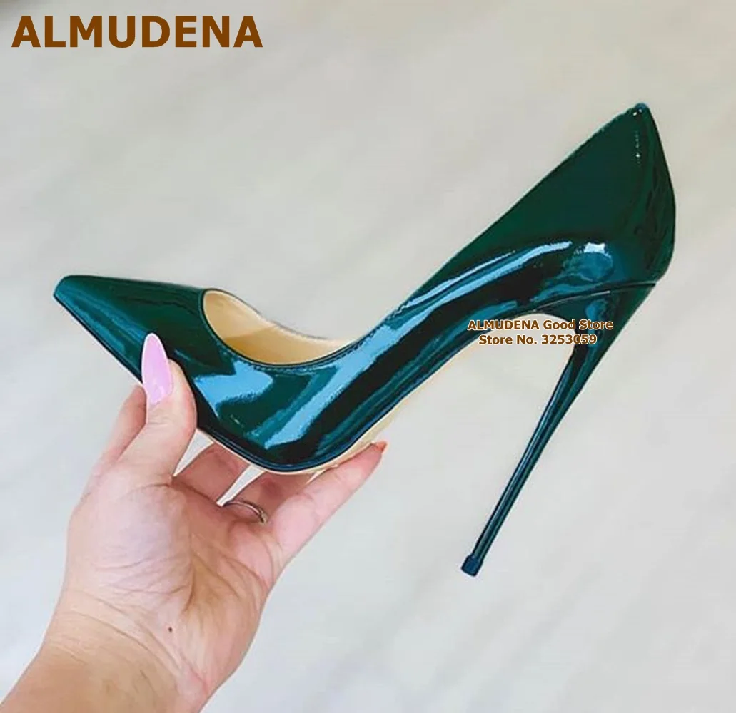 ALMUDENA Blue-green Mirrow Leather Pointed Toe Shoes 12cm Thin High Heels Pointed Toe Shallow Dress Pumps Luxury Bride Footwear